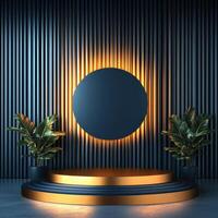 A stage with a round light and plants in front of it photo