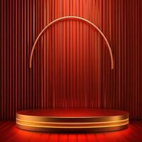 Red stage with a spotlight and a red curtain photo