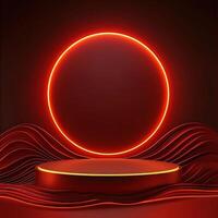 Red neon light on a podium with waves photo