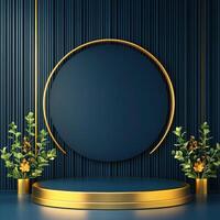 Golden podium with a round circle and plants on a blue background photo