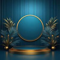 Golden round stage with palm leaves and gold frame photo