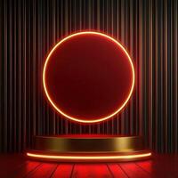Red neon circle on a wooden pedestal with a black background photo