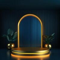 Golden stage with neon lights and plants photo