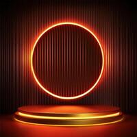 Neon glowing circle on a podium with a black background photo