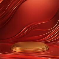 An abstract red background with a podium and gold waves photo