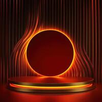 An abstract red and gold stage with a glowing circle photo