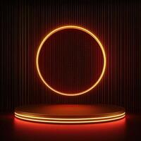 Neon circle on a podium with a black background photo