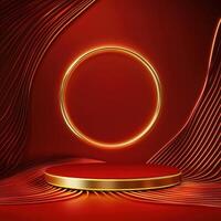 Red background with gold podium and a ring photo