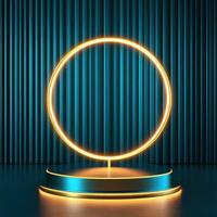 3d rendering of a neon circle on a stand photo