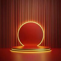 Red neon light on a podium with a red background photo