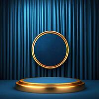 Gold podium with blue curtain background photo