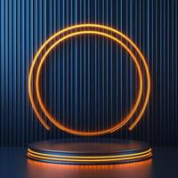 3d rendering of neon circle on a podium photo