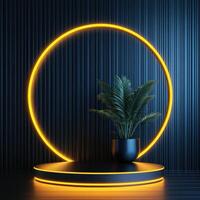 A potted plant in a round lighted circle on a black background photo