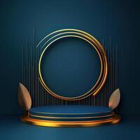 Golden podium with a round frame and leaves on a dark background photo