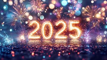 2025 New Year celebration banner with fireworks photo