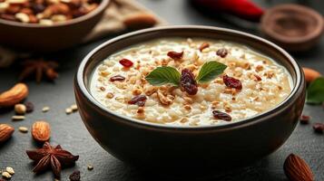 Close up of kheer sweet rice pudding with nuts photo