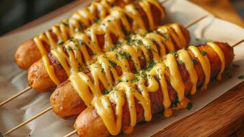 Deep fried corn dogs topped with creamy cheese sauce, served on takeaway plate and rustic table. Fast food banner with copy space. Traditional American fair food photo