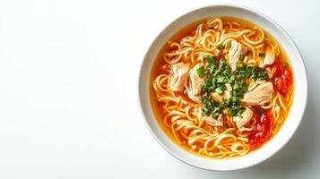 Top view of bowl of chicken noodle soup photo