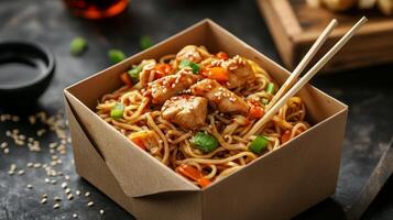 Close up of Delicious noodles with chicken in sauce with sesame seeds and scallion in a takeout box, garnished with sesame and scallions. Popular fast food banner photo