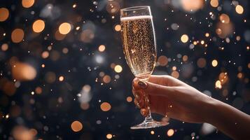 Champagne glass in hand on sparkling background photo