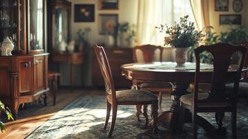Cozy vintage dining room with wooden furniture photo