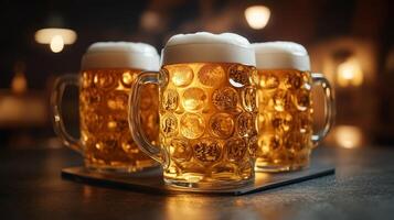 Close up banner of three beer mugs with light beer photo