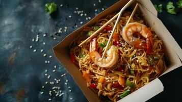 Top view of shrimp noodles with vegetables in takeout box, garnished with sesame seeds. Asian street food concept, perfect for takeout or delivery themes. Fast food banner with copy space photo