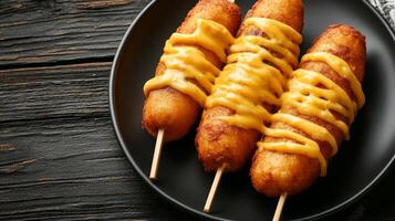 Close up of delicious corn dogs background photo