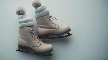Flat lay of beige ice skates with cozy knitted hat photo