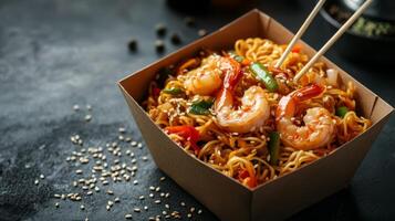 Delicious noodles with shrimps in sweet sauce photo