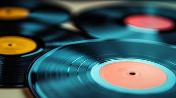 Close up of vintage vinyl records scattered on table photo