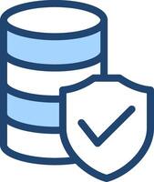 A blue and white icon with a check mark on top of a stack of data vector