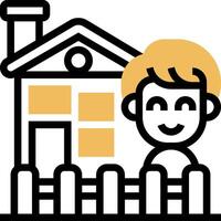 A boy is standing in front of a house with a fence vector