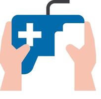 Hands holding a game controller with a cross on it vector