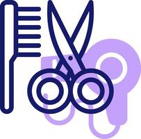 A purple icon of scissors, comb and scissors vector