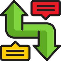 A green arrow pointing to a red and yellow speech bubble vector