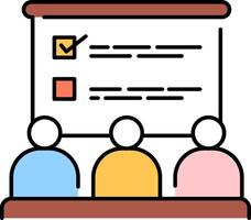 A group of people sitting at a table with a presentation on the screen vector
