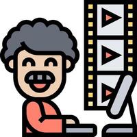 A man is sitting at a computer with a smile on his face vector
