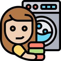 A woman is holding a stack of laundry in front of a washing machine vector