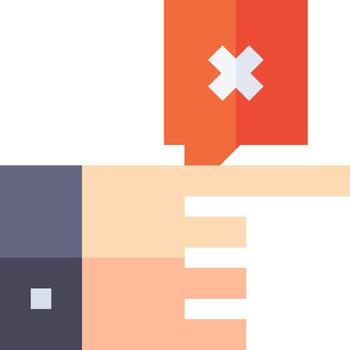 A hand pointing to a red button with an x vector