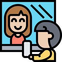 A woman is talking to a man on a computer vector