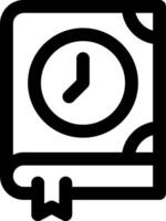 A black and white icon of a book with a clock vector