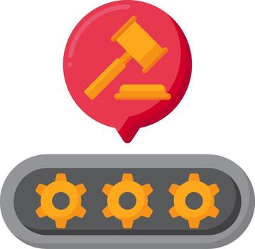 A gavel and gears icon with a red button vector