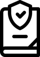 A black and white icon of a book with a shield vector