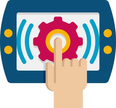 A hand pressing a button on a tablet computer vector