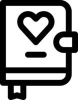 A black and white icon of a book with a heart vector