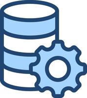 A blue and white icon of a data storage device and a gear vector