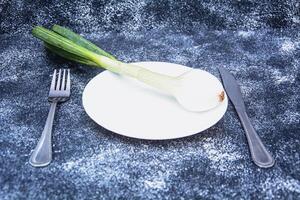 A white plate with a green onion on it photo