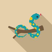 Blue snake with yellow spots is crawling on a tree branch flat design icon with long shadow vector