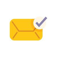 Yellow mail envelope with check mark showing successful delivery vector